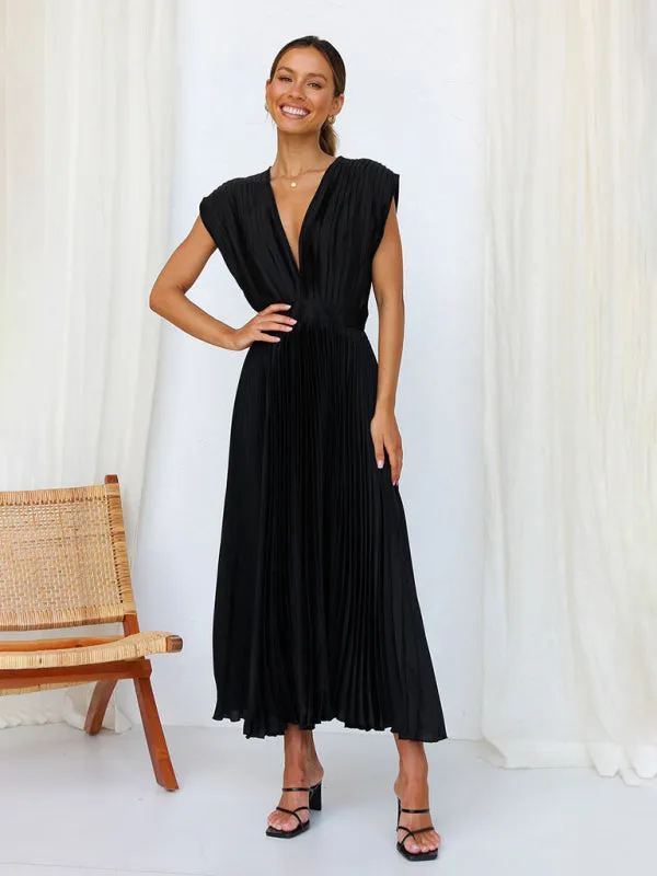 Pleated Midi Dress with Sleeveless V-Neck and Solid Print