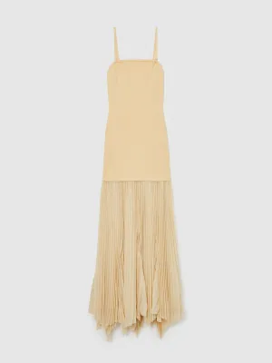 Pleated Skirt Ribbed Midi Dress in Yellow