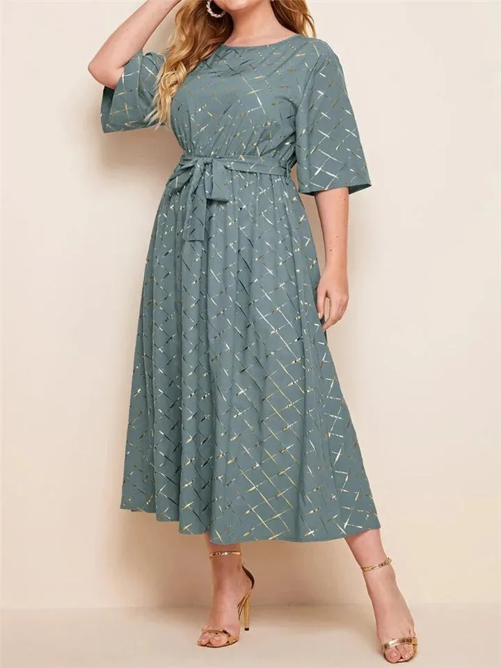 Plus Size Printed O-Neck Half Sleeve Knee Length Maxi Dress