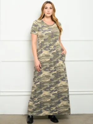PLUS SIZE SHORT SLEEVE CAMO PRINT WITH POCKETS MAXI DRESS