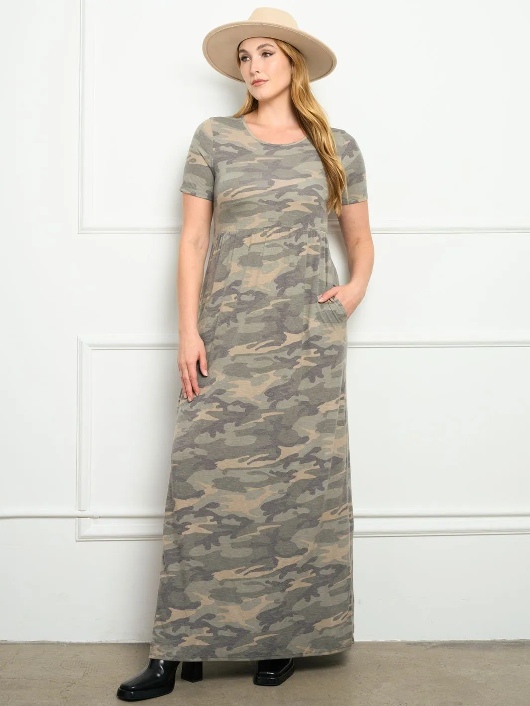 PLUS SIZE SHORT SLEEVE CAMO PRINT WITH POCKETS MAXI DRESS
