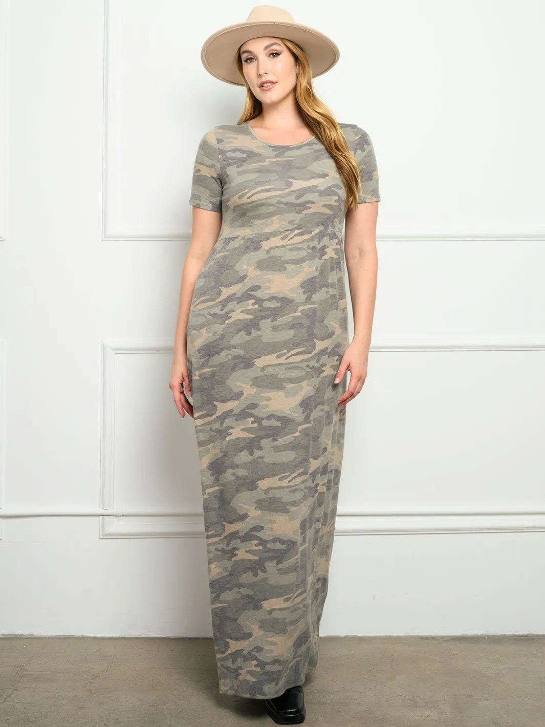 PLUS SIZE SHORT SLEEVE CAMO PRINT WITH POCKETS MAXI DRESS