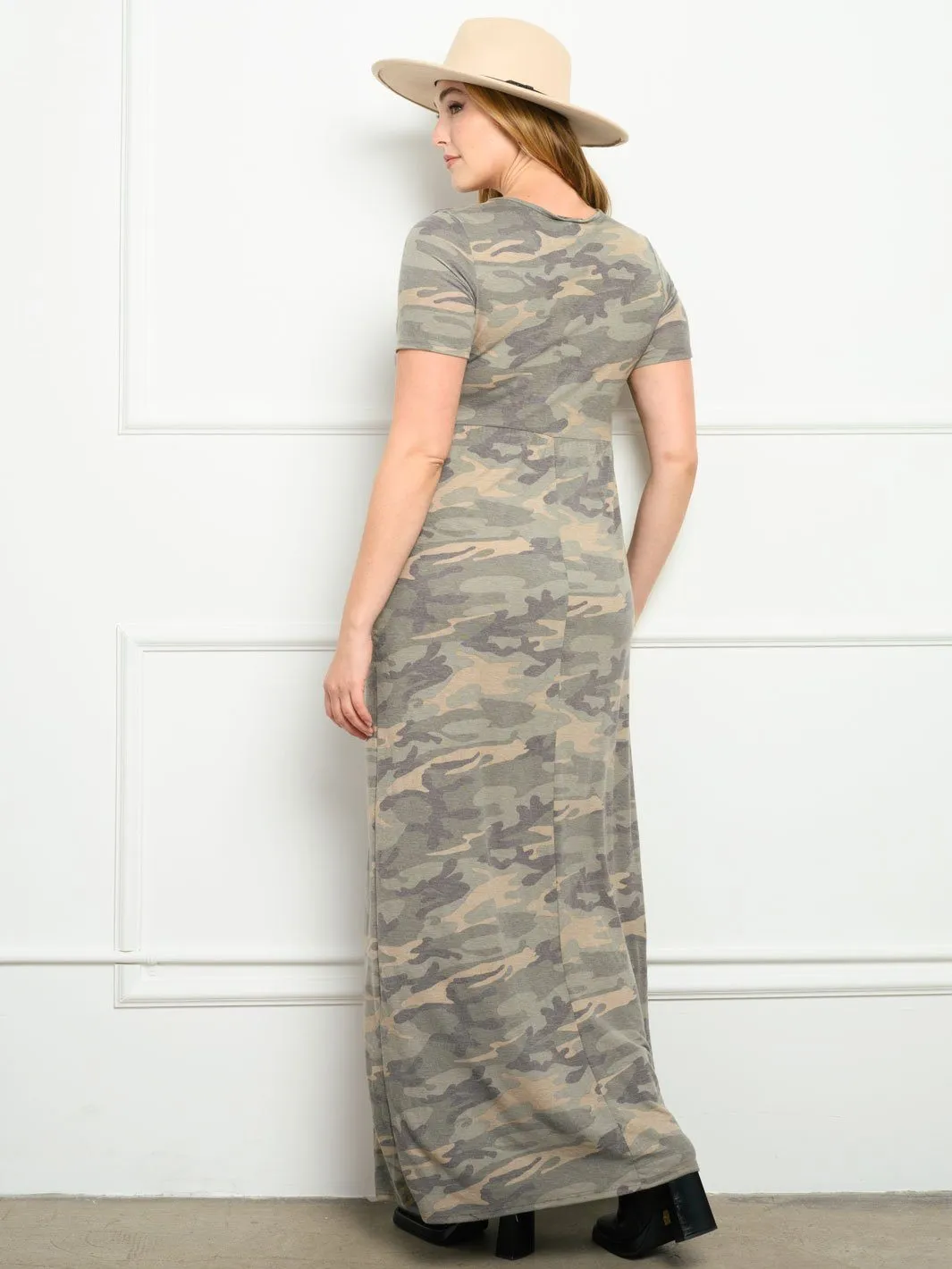 PLUS SIZE SHORT SLEEVE CAMO PRINT WITH POCKETS MAXI DRESS