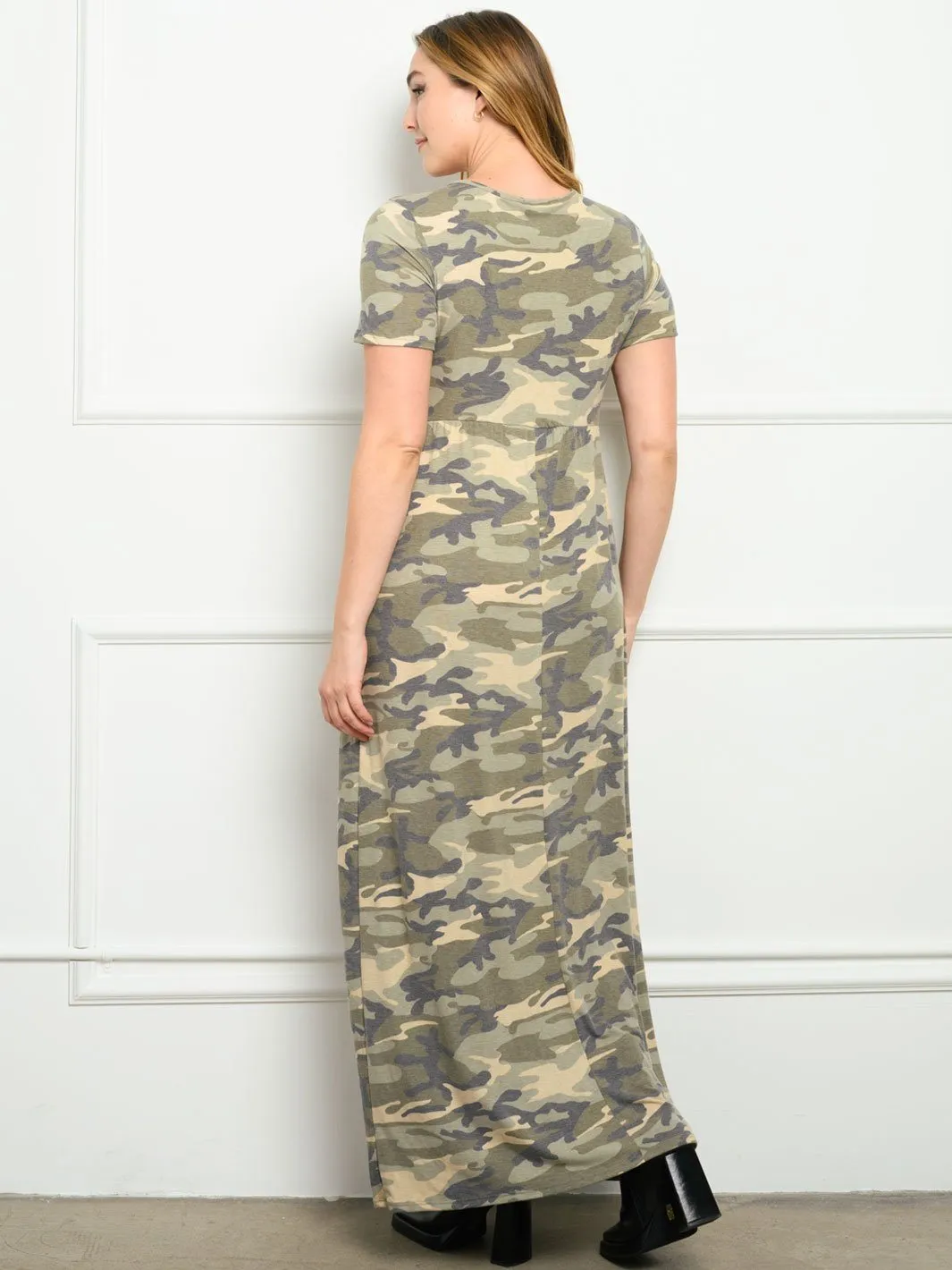 PLUS SIZE SHORT SLEEVE CAMO PRINT WITH POCKETS MAXI DRESS