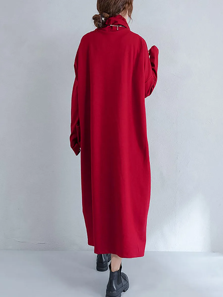 Plus Size Women Autumn Pure Color Turtleneck Loose Dress