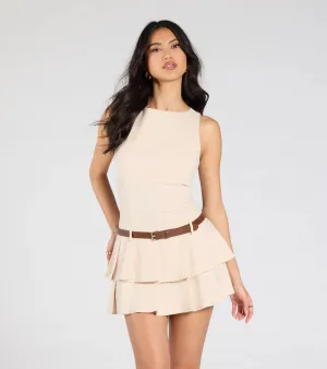 Polished Demure Belted Pleated Skater Dress