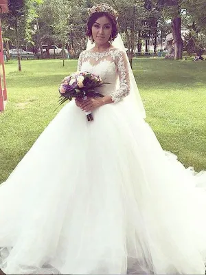 Popular A line Cheap Lace Long Sleeve Wedding Dresses Online, QB0385