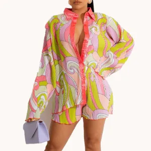 Print Long Sleeve Loose Top & Shorts Set