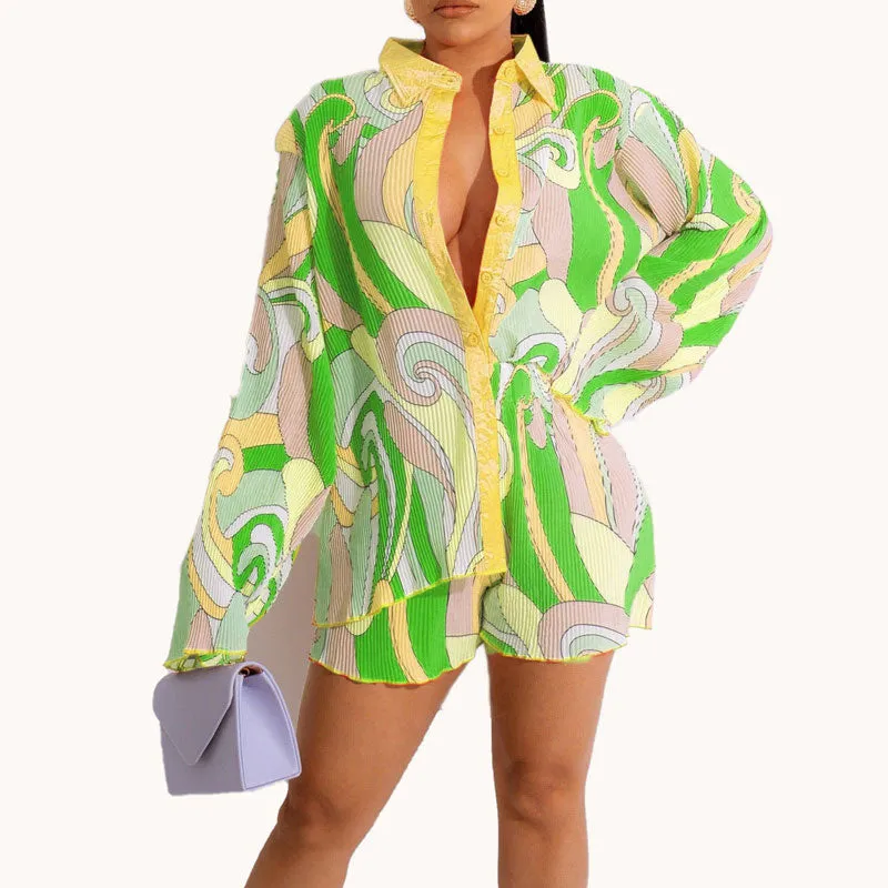 Print Long Sleeve Loose Top & Shorts Set