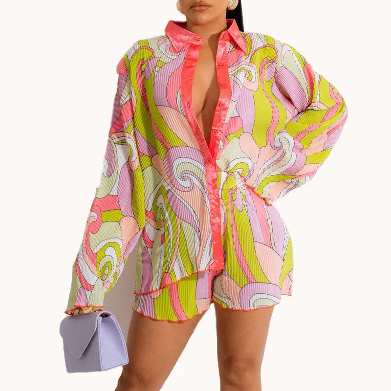 Print Long Sleeve Loose Top & Shorts Set