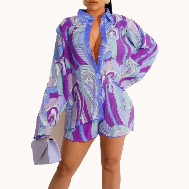 Print Long Sleeve Loose Top & Shorts Set