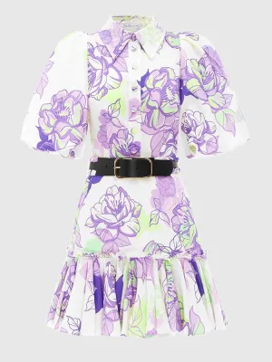 Puff Sleeve Gathered Waist Patchwork Belt Ruffles Dress