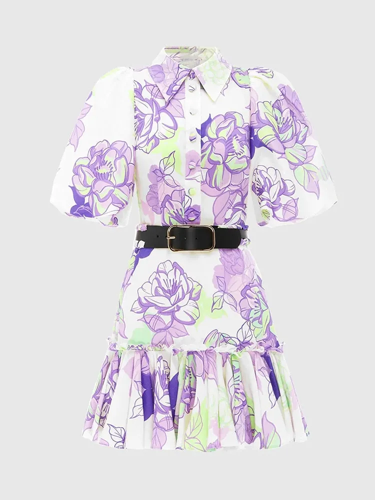 Puff Sleeve Gathered Waist Patchwork Belt Ruffles Dress