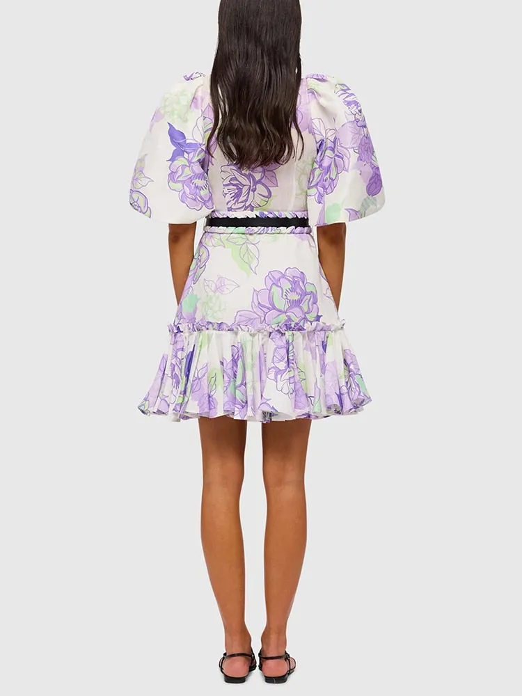 Puff Sleeve Gathered Waist Patchwork Belt Ruffles Dress