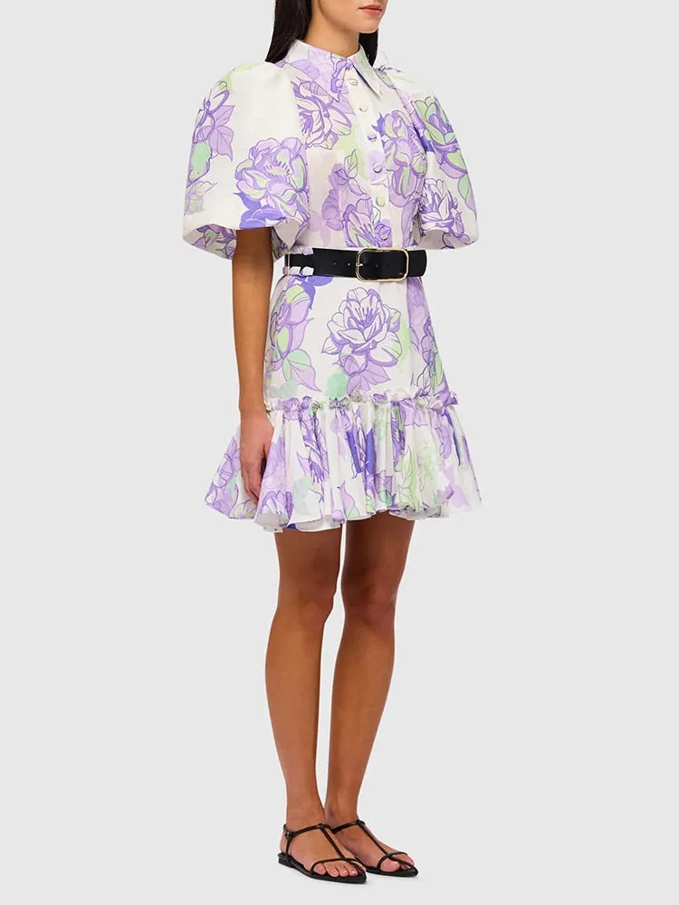 Puff Sleeve Gathered Waist Patchwork Belt Ruffles Dress