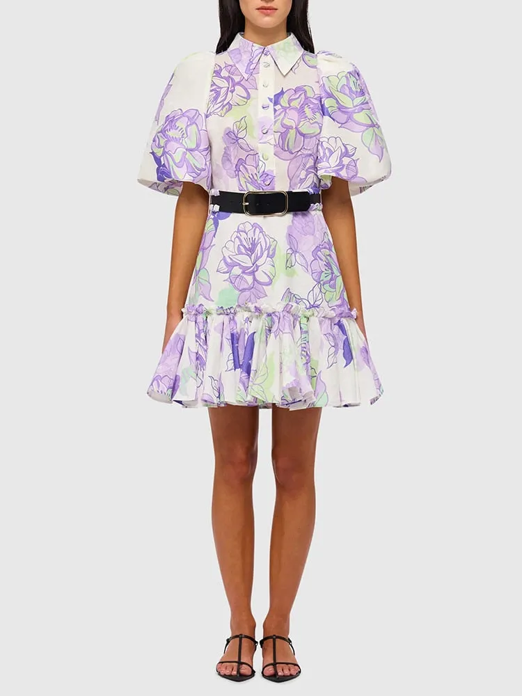 Puff Sleeve Gathered Waist Patchwork Belt Ruffles Dress
