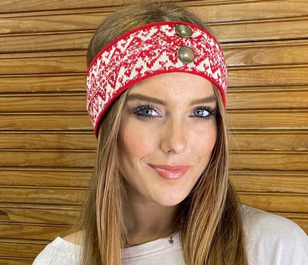 Red and White Headband in Aztec Pattern w/Buttons