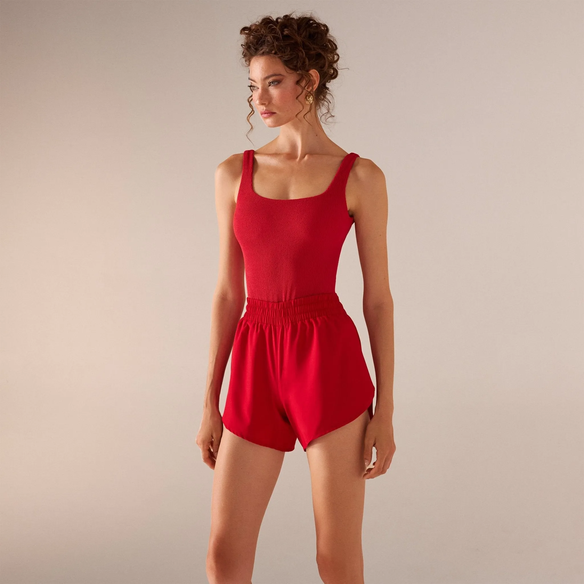 Red High Waist Swim Shorts