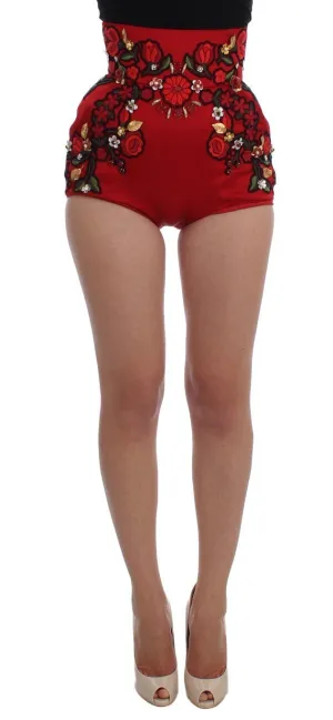 Red Silk Crystal Roses Shorts