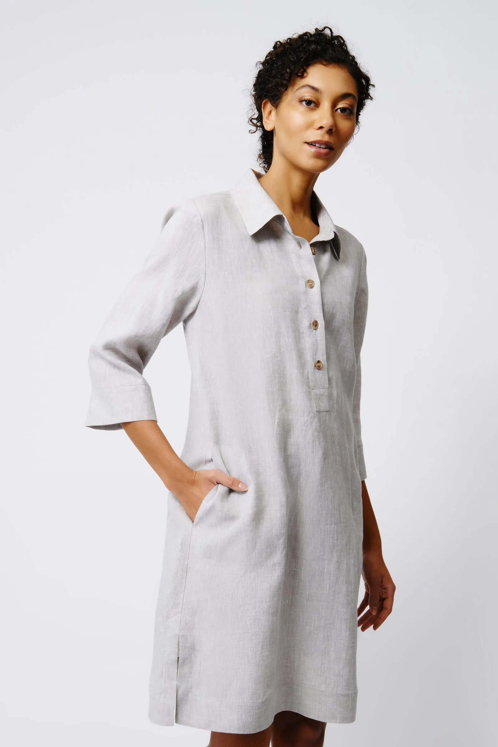Rene Button Placket Dress - Beige Linen
