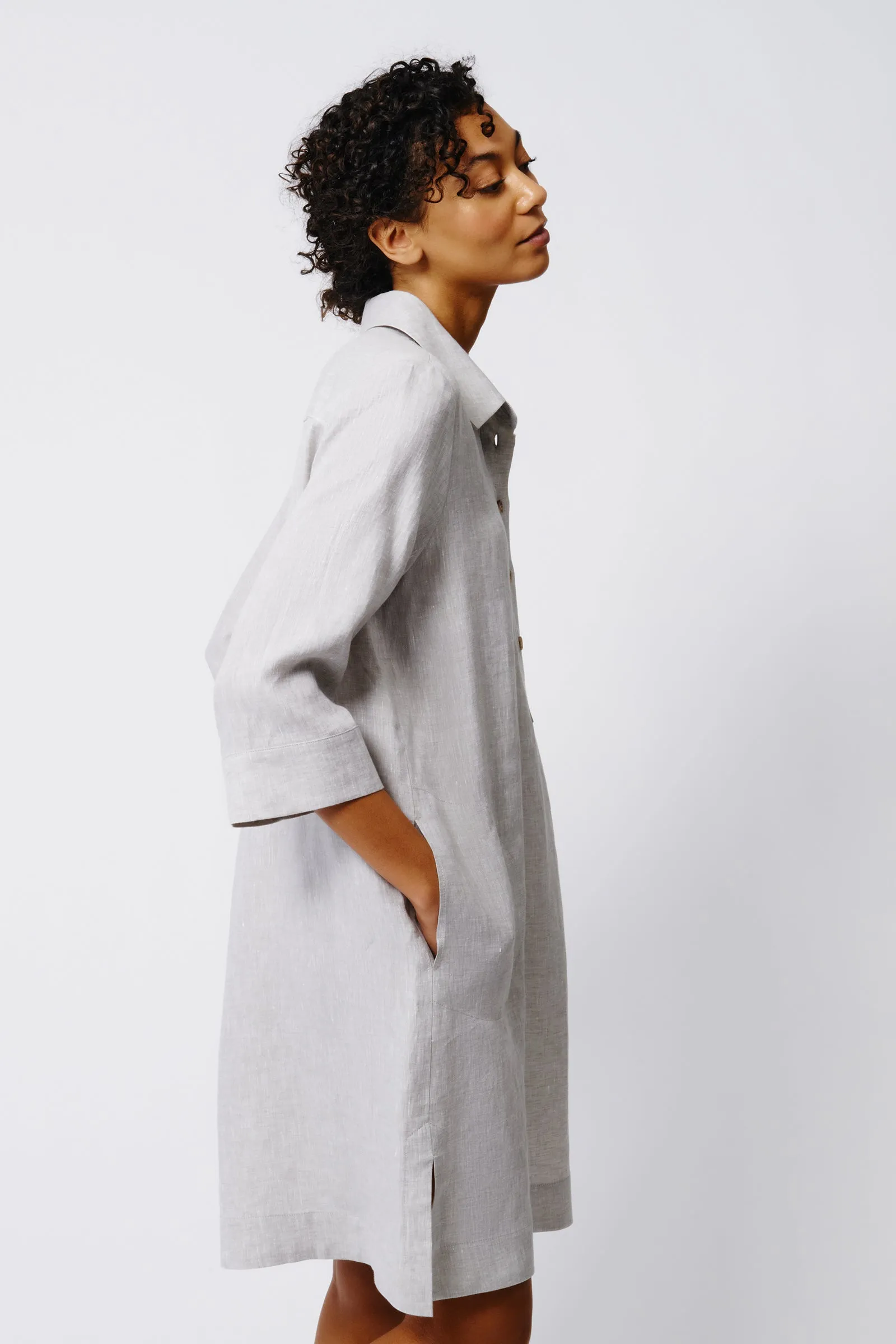 Rene Button Placket Dress - Beige Linen