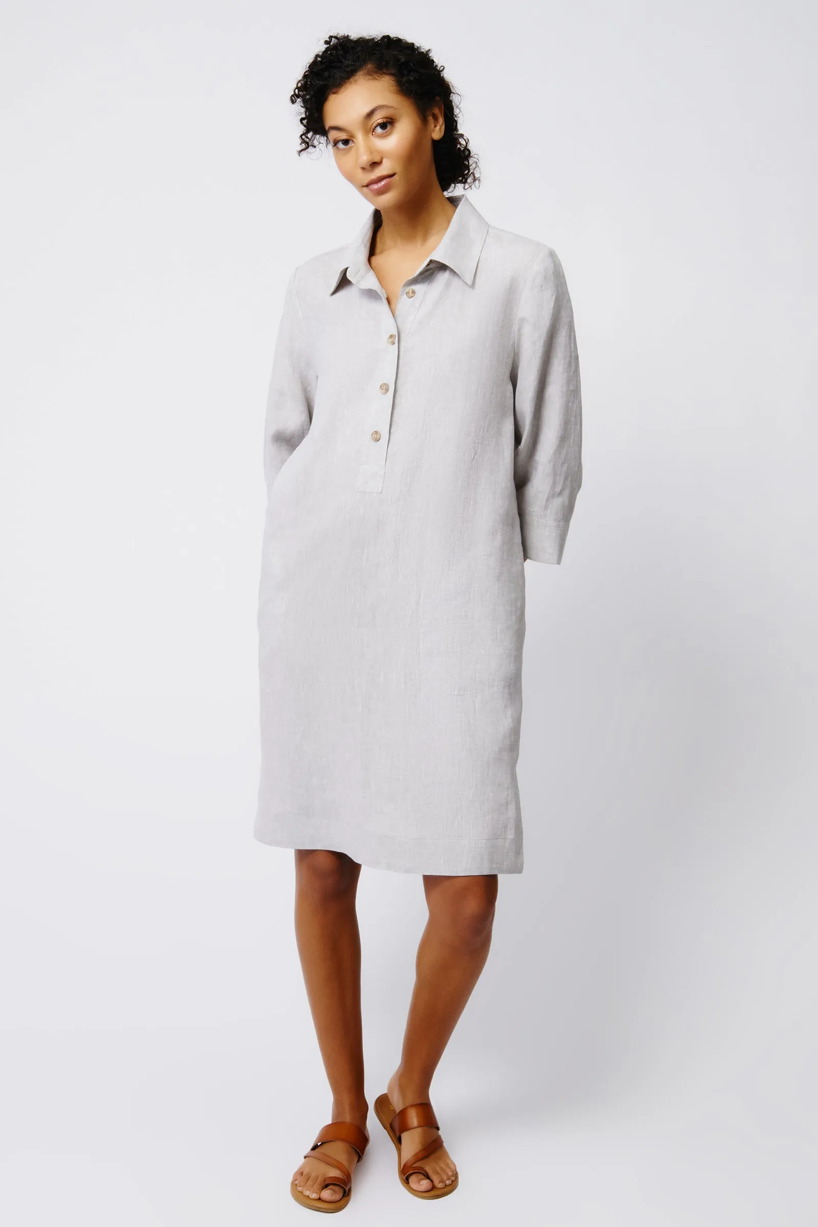 Rene Button Placket Dress - Beige Linen