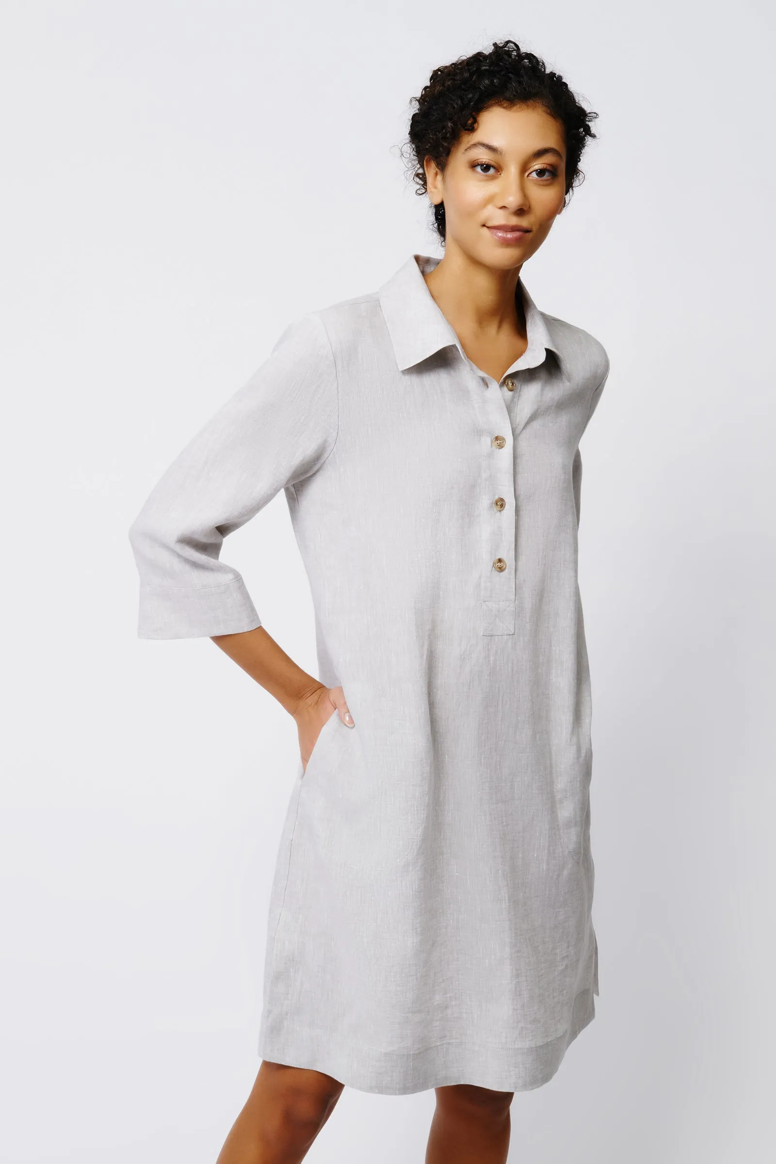Rene Button Placket Dress - Beige Linen