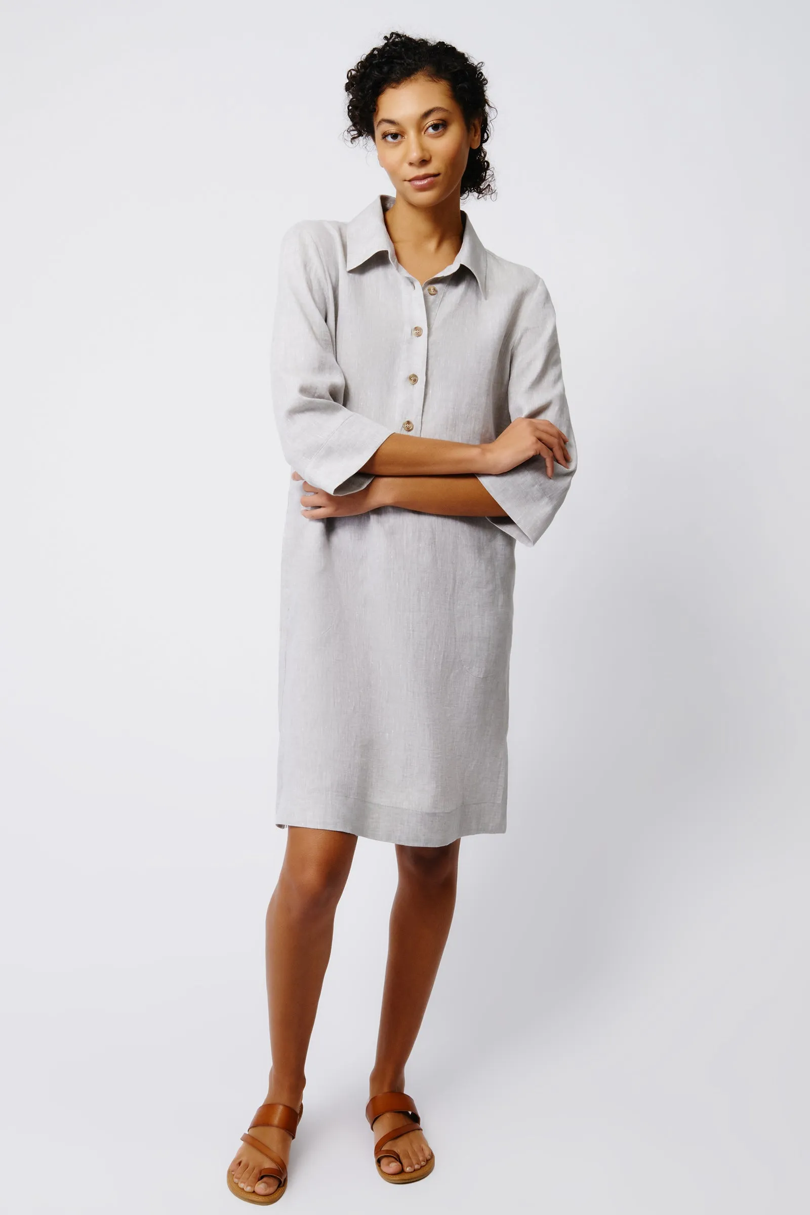 Rene Button Placket Dress - Beige Linen