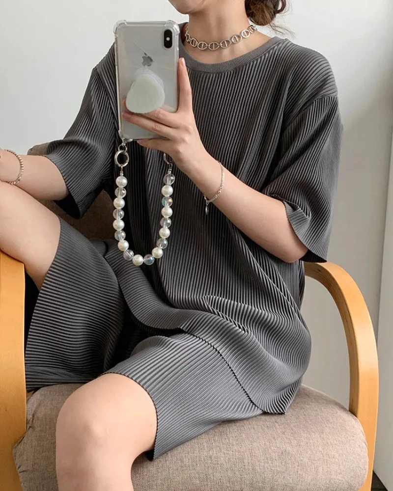Retro Waffle Knit Loose Short Sleeve Shirt & Shorts Set Round Neck Two-Piece Set For Women