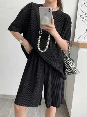 Retro Waffle Knit Loose Short Sleeve Shirt & Shorts Set Round Neck Two-Piece Set For Women