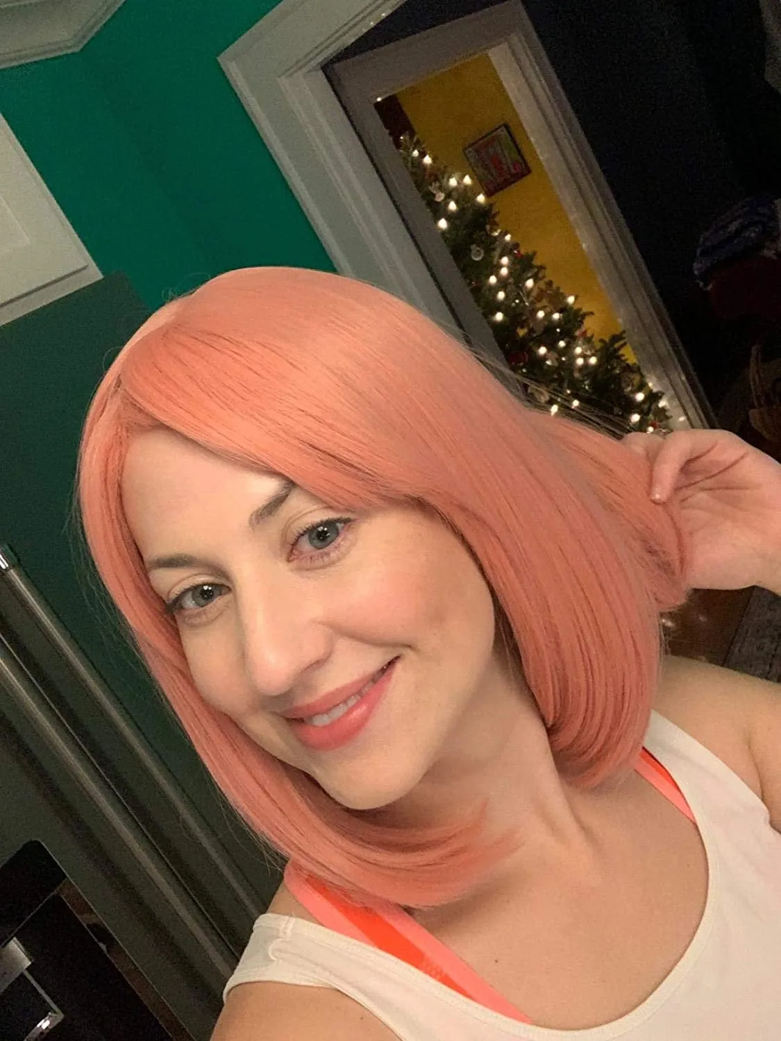 Rose Petal Pink Straight Bob 12" Wig with Air Bang | Heat Friendly Synthetic Fiber