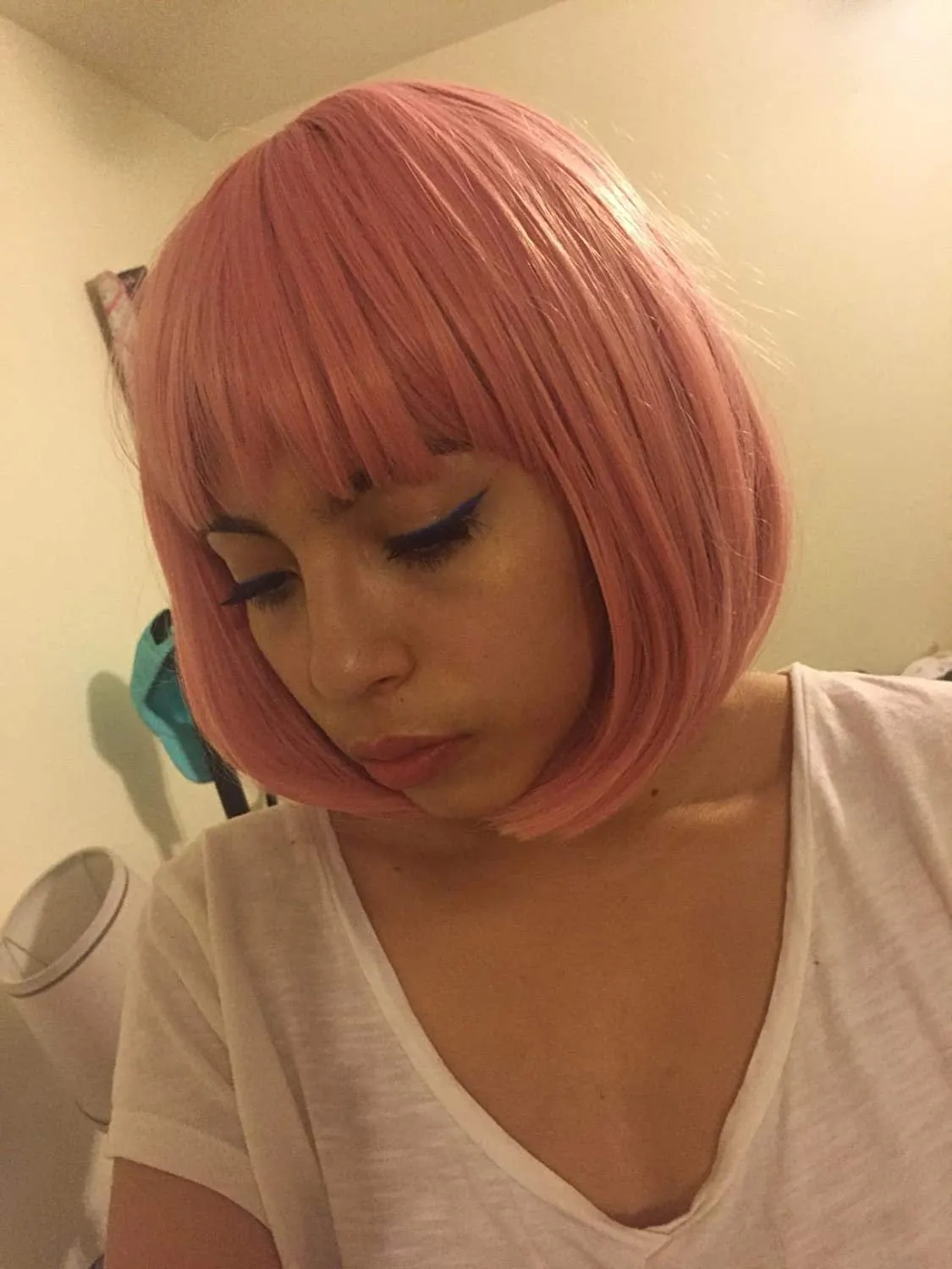 Rose Petal Pink Straight Bob 12" Wig with Air Bang | Heat Friendly Synthetic Fiber