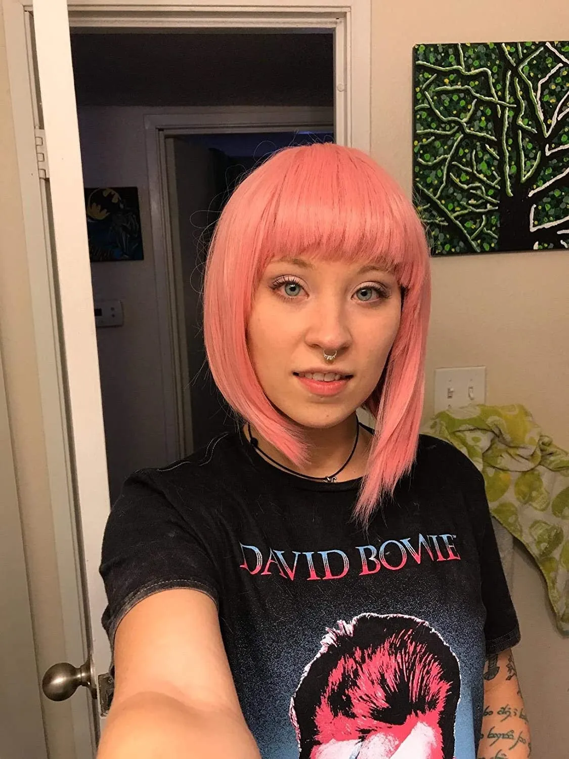 Rose Petal Pink Straight Bob 12" Wig with Air Bang | Heat Friendly Synthetic Fiber