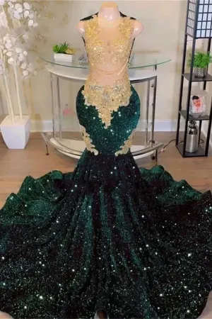 Round neck Dark Green Mermaid Court Train Sleeveless Prom Dresses