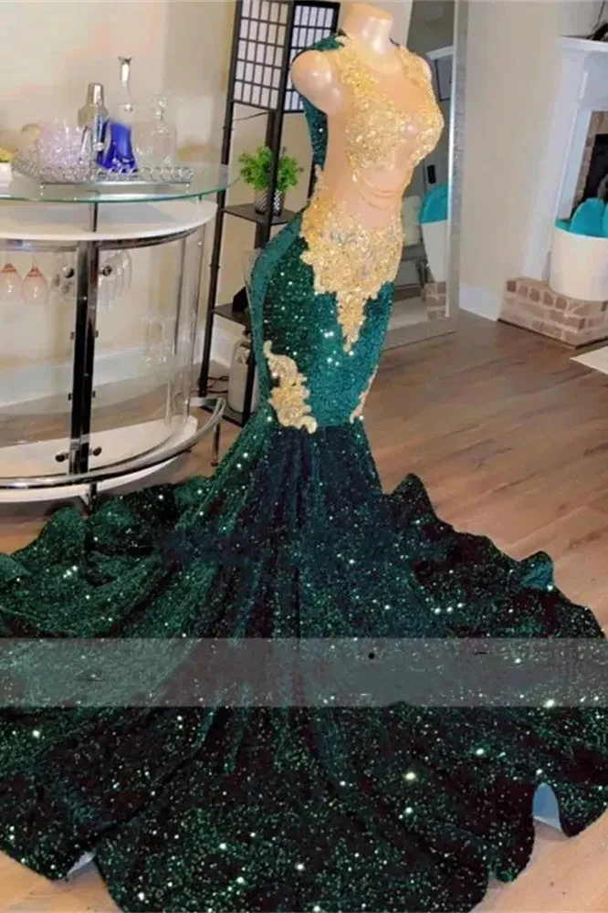 Round neck Dark Green Mermaid Court Train Sleeveless Prom Dresses