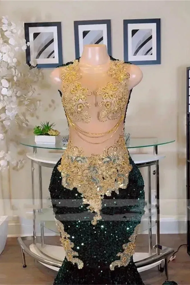 Round neck Dark Green Mermaid Court Train Sleeveless Prom Dresses