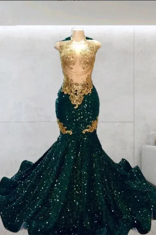 Round neck Dark Green Mermaid Court Train Sleeveless Prom Dresses