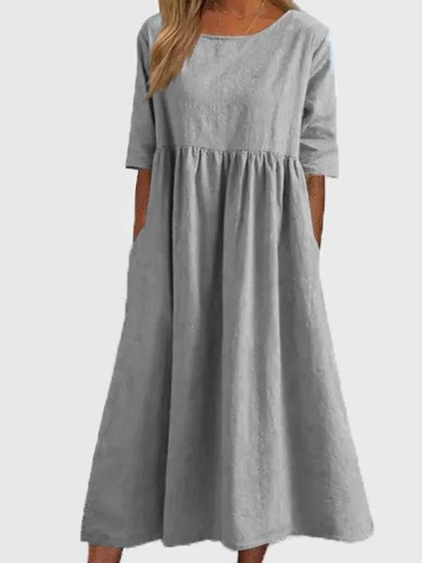 Round Neck Midi Dress with Gathered Waist