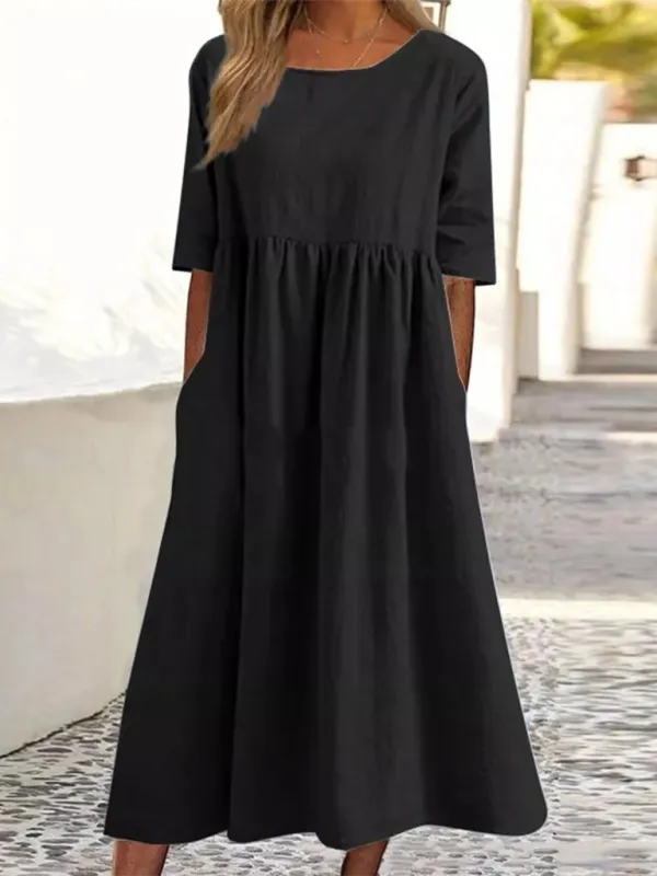 Round Neck Midi Dress with Gathered Waist