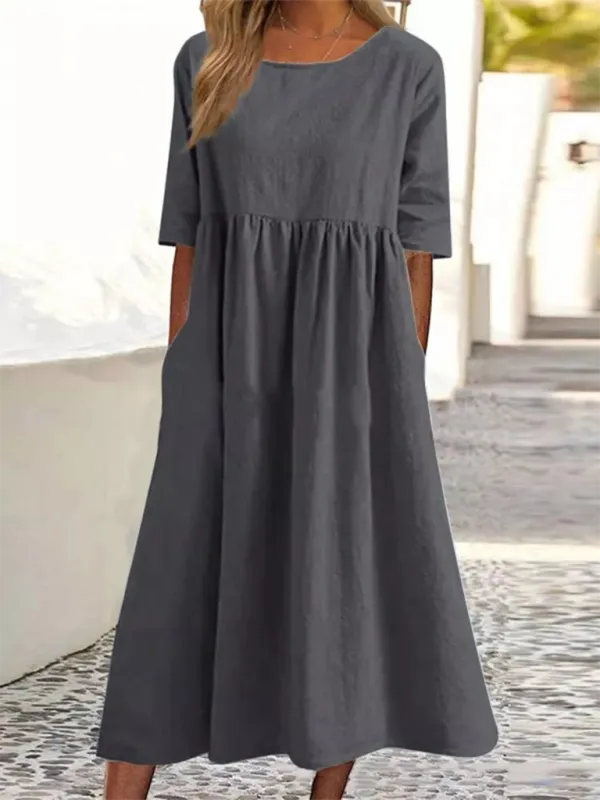 Round Neck Midi Dress with Gathered Waist