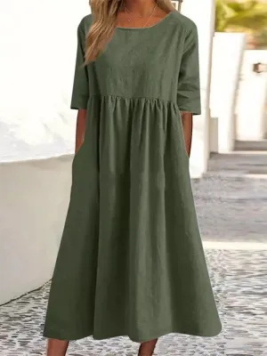 Round Neck Midi Dress with Gathered Waist