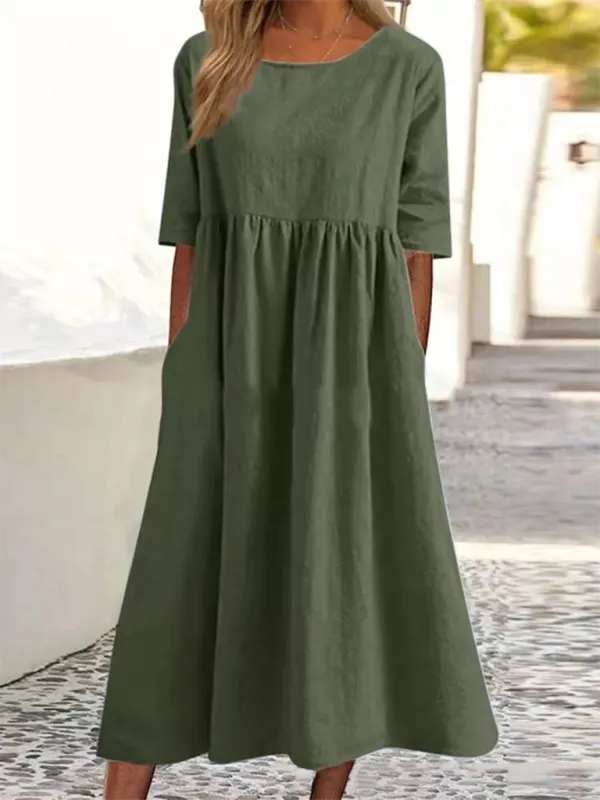 Round Neck Midi Dress with Gathered Waist
