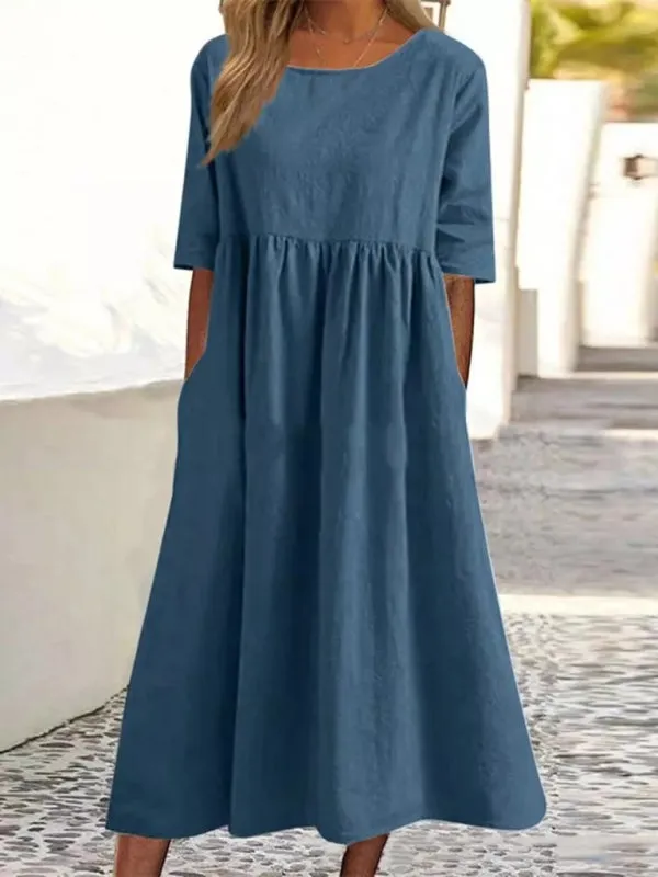 Round Neck Midi Dress with Gathered Waist