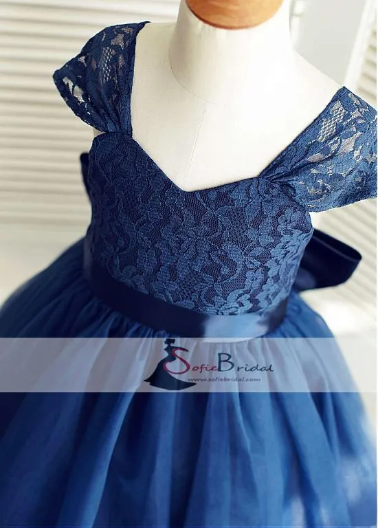 Royal Blue Lace Tulle Flower Girl Dresses, Lovely Cheap Flower Girl Dresses, FG085