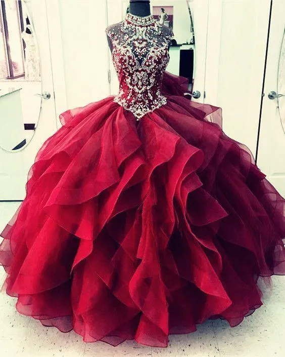 Royal Blue Organza High Neck Princess Dresses Burgundy Prom Dresses, TYP1195