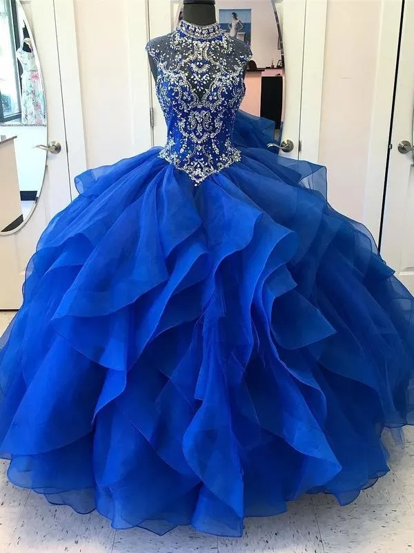 Royal Blue Organza High Neck Princess Dresses Burgundy Prom Dresses, TYP1195