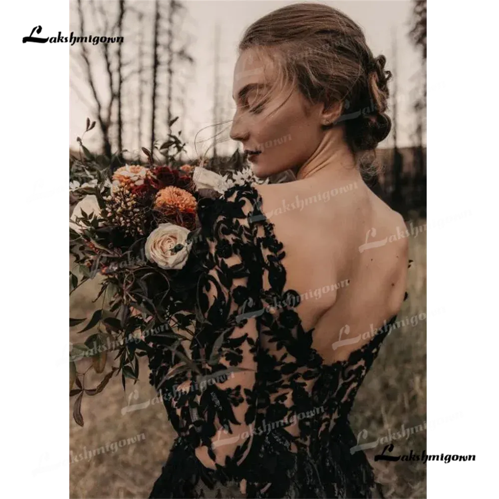 Roycebrial V Neck A Line Wedding Dress 2025 Lace Long Sleeves Backless Court Train Black Party dress فساتين سهراتrobes de soiré