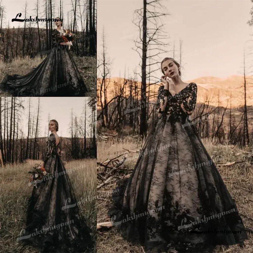 Roycebrial V Neck A Line Wedding Dress 2025 Lace Long Sleeves Backless Court Train Black Party dress فساتين سهراتrobes de soiré