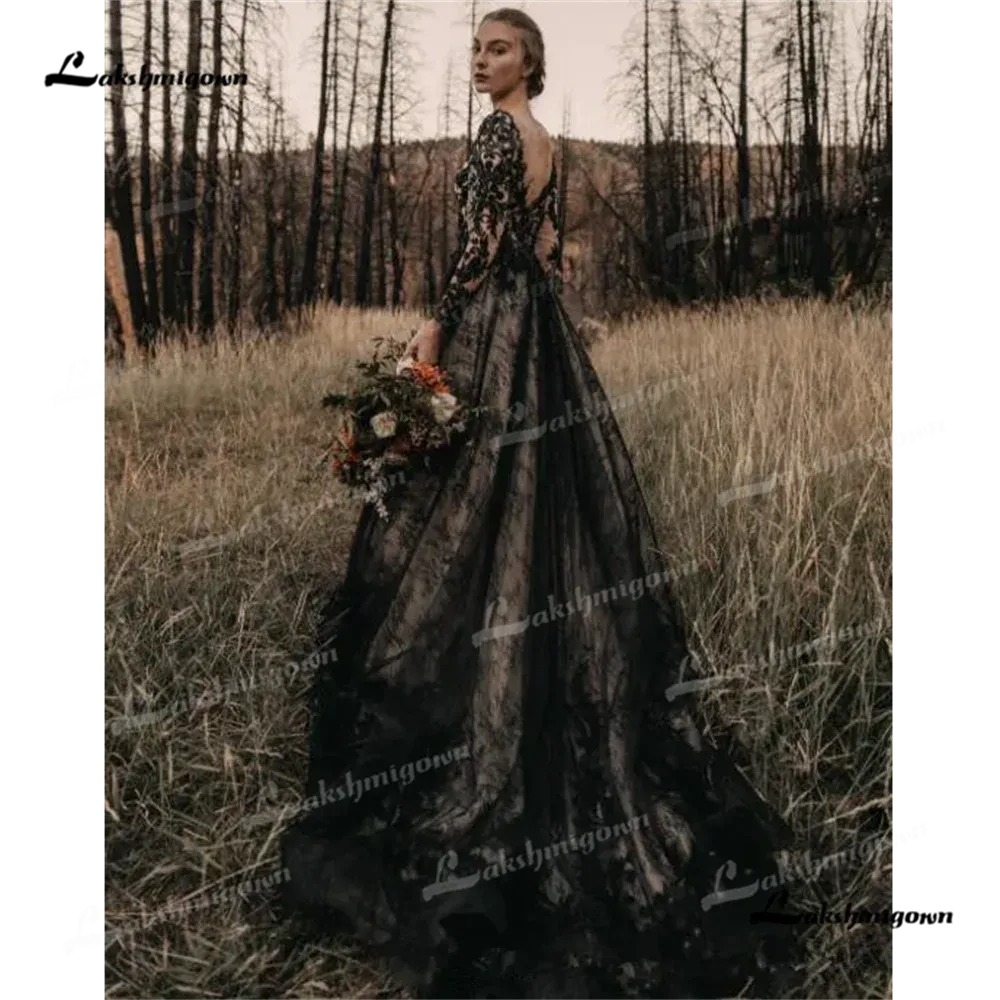 Roycebrial V Neck A Line Wedding Dress 2025 Lace Long Sleeves Backless Court Train Black Party dress فساتين سهراتrobes de soiré