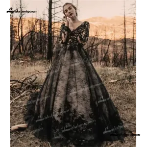 Roycebrial V Neck A Line Wedding Dress 2025 Lace Long Sleeves Backless Court Train Black Party dress فساتين سهراتrobes de soiré